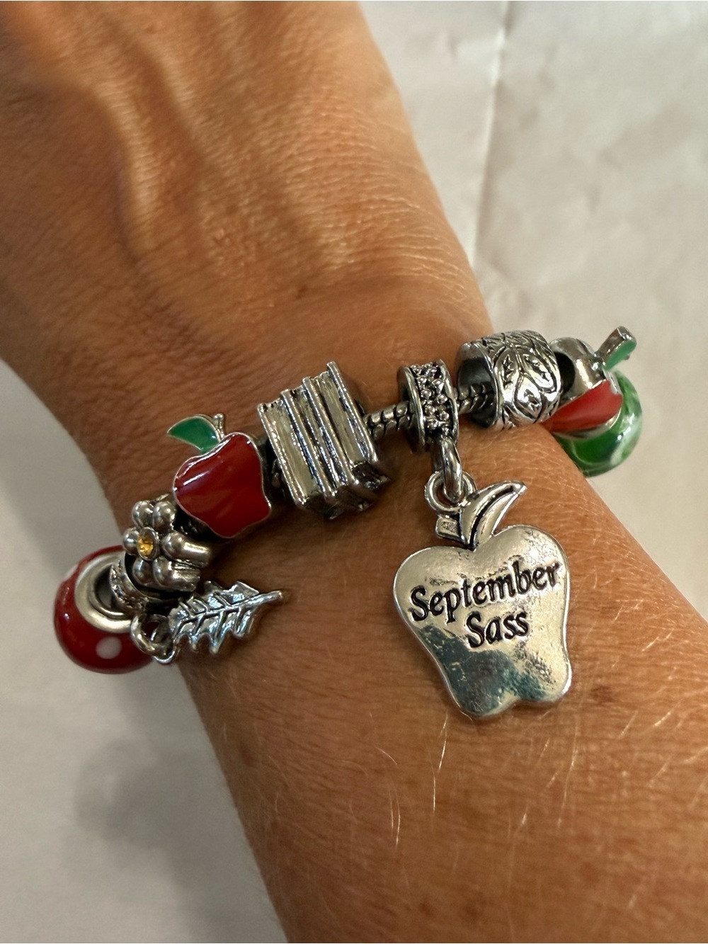 Willabee & Ward September Sass Red Green Apple Charm Silver Tone Charm Bracelet